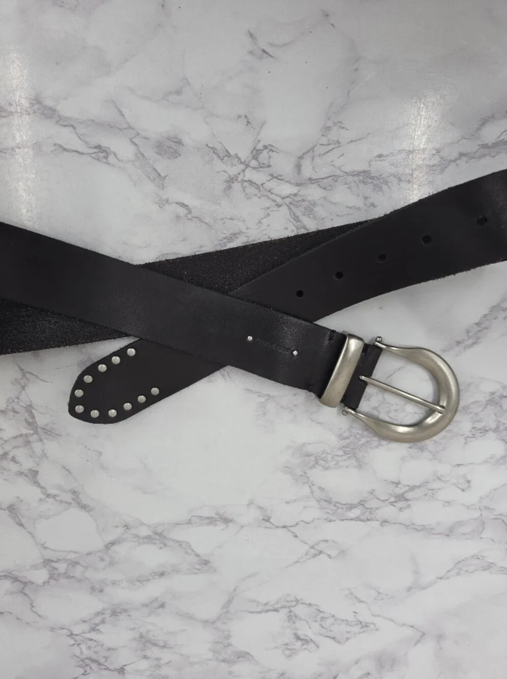 All Saints Black Leather Belt with Silver Tone Buckle and Studs